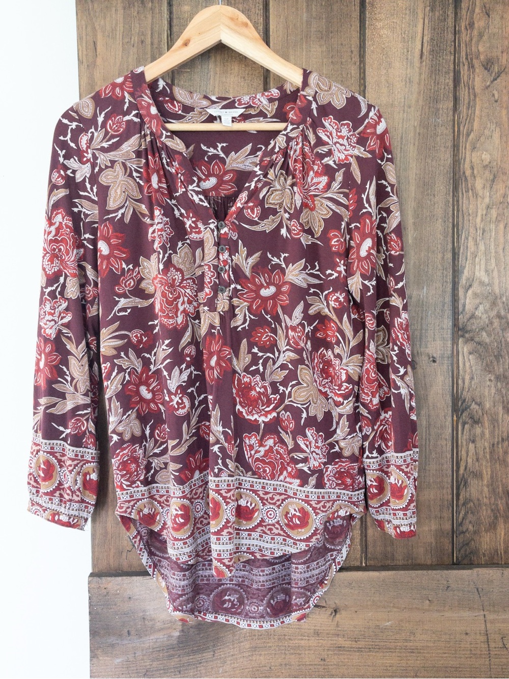 Lucky Brand Burgundy Floral Boho Viscose Henley Peasant Top Oversized Small